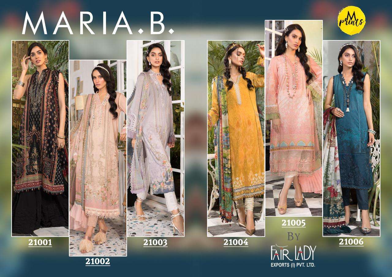 MARIA.B. 21001 SERIES BY FAIR LADY 21001 TO 21006 SERIES DESIGNER FESTIVE PAKISTANI SUITS COLLECTION BEAUTIFUL STYLISH FANCY COLORFUL PARTY WEAR & OCCASIONAL WEAR LAWN COTTON DIGITAL PRINT WITH EMBROIDERED DRESSES AT WHOLESALE PRICE