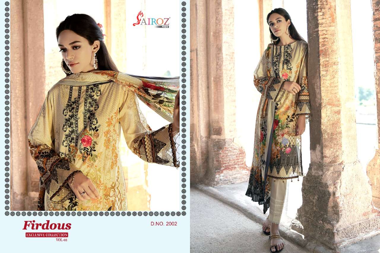 FIRDOUS EXCLUSIVE COLLECTION VOL-3 BY SAIROZ FABS 2001 TO 2003 SERIES BEAUTIFUL SUITS STYLISH FANCY COLORFUL PARTY WEAR & OCCASIONAL WEAR COTTON DIGITAL PRINT WITH EMBROIDERY DRESSES AT WHOLESALE PRICE