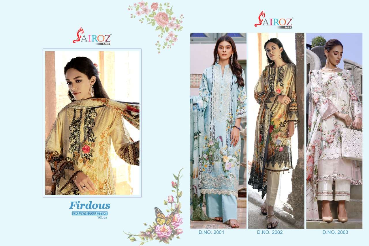 FIRDOUS EXCLUSIVE COLLECTION VOL-3 BY SAIROZ FABS 2001 TO 2003 SERIES BEAUTIFUL SUITS STYLISH FANCY COLORFUL PARTY WEAR & OCCASIONAL WEAR COTTON DIGITAL PRINT WITH EMBROIDERY DRESSES AT WHOLESALE PRICE