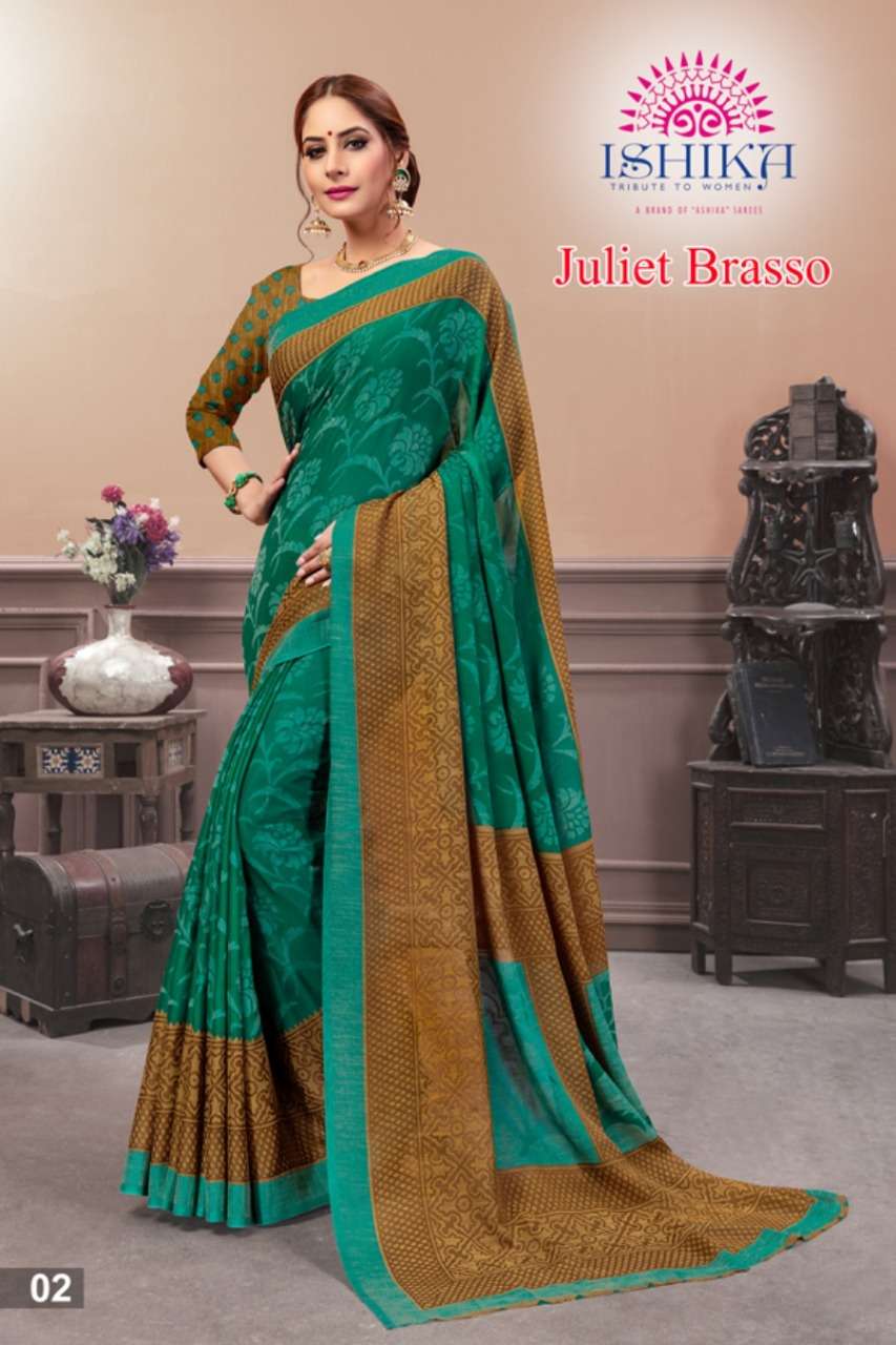 JULIET BRASSO BY ISHIKA 01 TO 06 SERIES INDIAN TRADITIONAL WEAR COLLECTION BEAUTIFUL STYLISH FANCY COLORFUL PARTY WEAR & OCCASIONAL WEAR BRASSO SAREES AT WHOLESALE PRICE