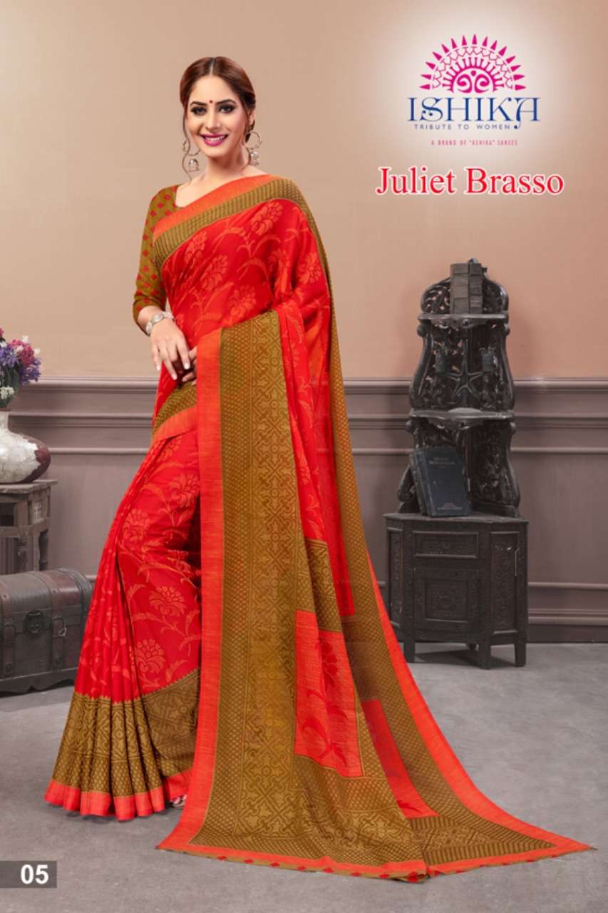 JULIET BRASSO BY ISHIKA 01 TO 06 SERIES INDIAN TRADITIONAL WEAR COLLECTION BEAUTIFUL STYLISH FANCY COLORFUL PARTY WEAR & OCCASIONAL WEAR BRASSO SAREES AT WHOLESALE PRICE