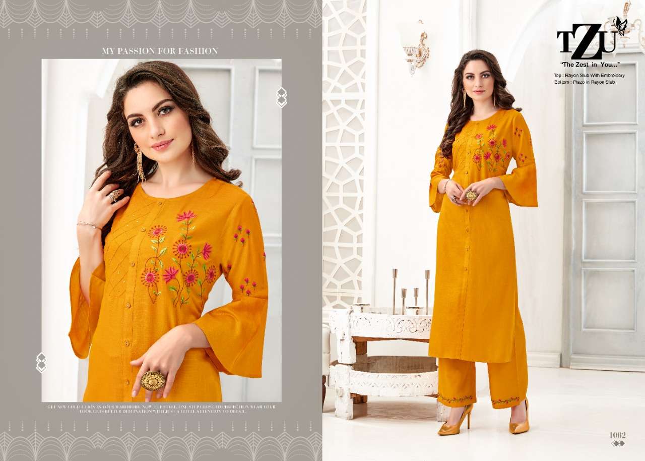 ZIVAH BY TZU 1001 TO 1004 SERIES DESIGNER STYLISH FANCY COLORFUL BEAUTIFUL PARTY WEAR & ETHNIC WEAR COLLECTION SOFT RAYON SLUB EMBROIDERY KURTIS WITH BOTTOM AT WHOLESALE PRICE