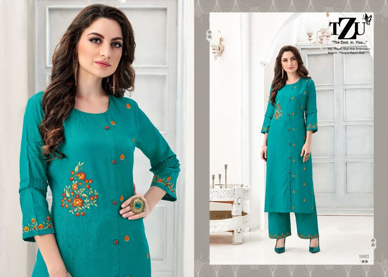 ZIVAH BY TZU 1001 TO 1004 SERIES DESIGNER STYLISH FANCY COLORFUL BEAUTIFUL PARTY WEAR & ETHNIC WEAR COLLECTION SOFT RAYON SLUB EMBROIDERY KURTIS WITH BOTTOM AT WHOLESALE PRICE