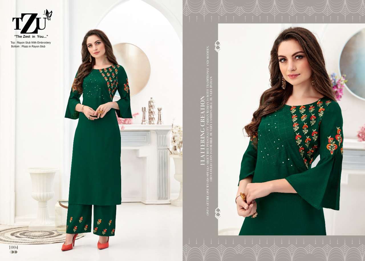 ZIVAH BY TZU 1001 TO 1004 SERIES DESIGNER STYLISH FANCY COLORFUL BEAUTIFUL PARTY WEAR & ETHNIC WEAR COLLECTION SOFT RAYON SLUB EMBROIDERY KURTIS WITH BOTTOM AT WHOLESALE PRICE