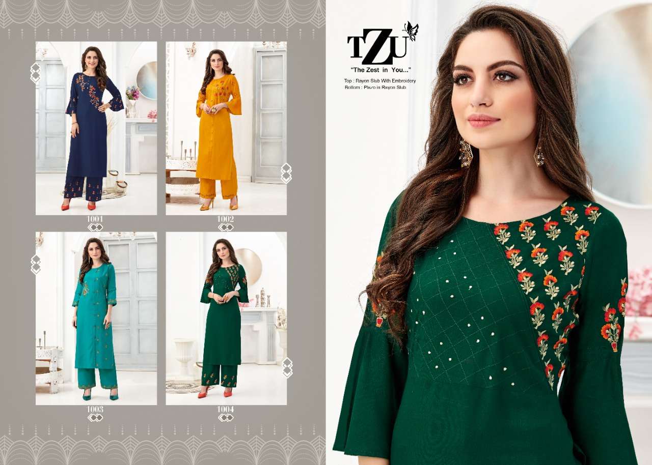 ZIVAH BY TZU 1001 TO 1004 SERIES DESIGNER STYLISH FANCY COLORFUL BEAUTIFUL PARTY WEAR & ETHNIC WEAR COLLECTION SOFT RAYON SLUB EMBROIDERY KURTIS WITH BOTTOM AT WHOLESALE PRICE