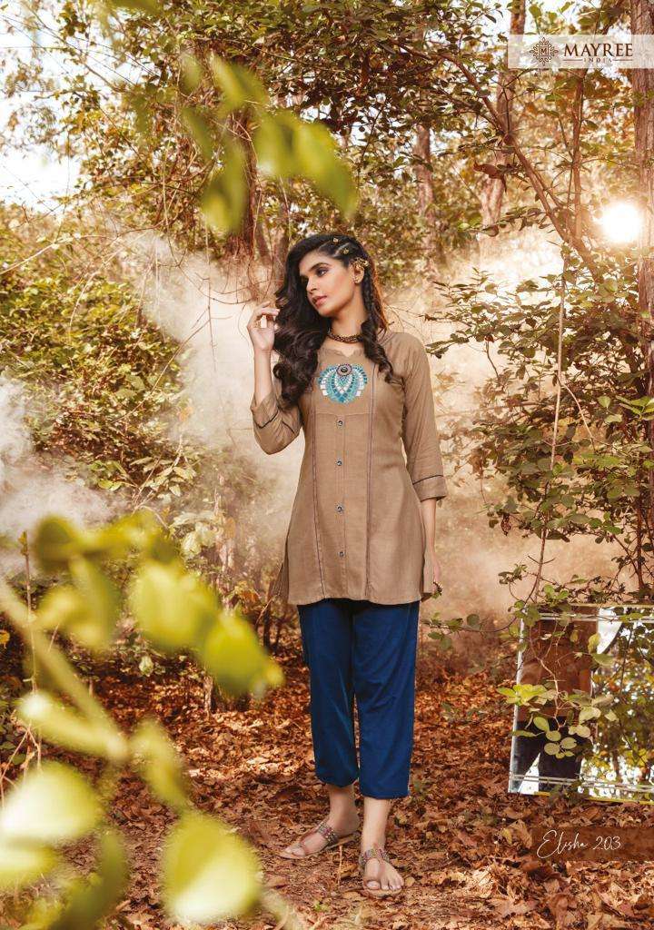 ELISHA VOL-2 BY MAYREE 201 TO 208 SERIES DESIGNER STYLISH FANCY COLORFUL BEAUTIFUL PARTY WEAR & ETHNIC WEAR COLLECTION RAYON EMBROIDERY TOPS AT WHOLESALE PRICE