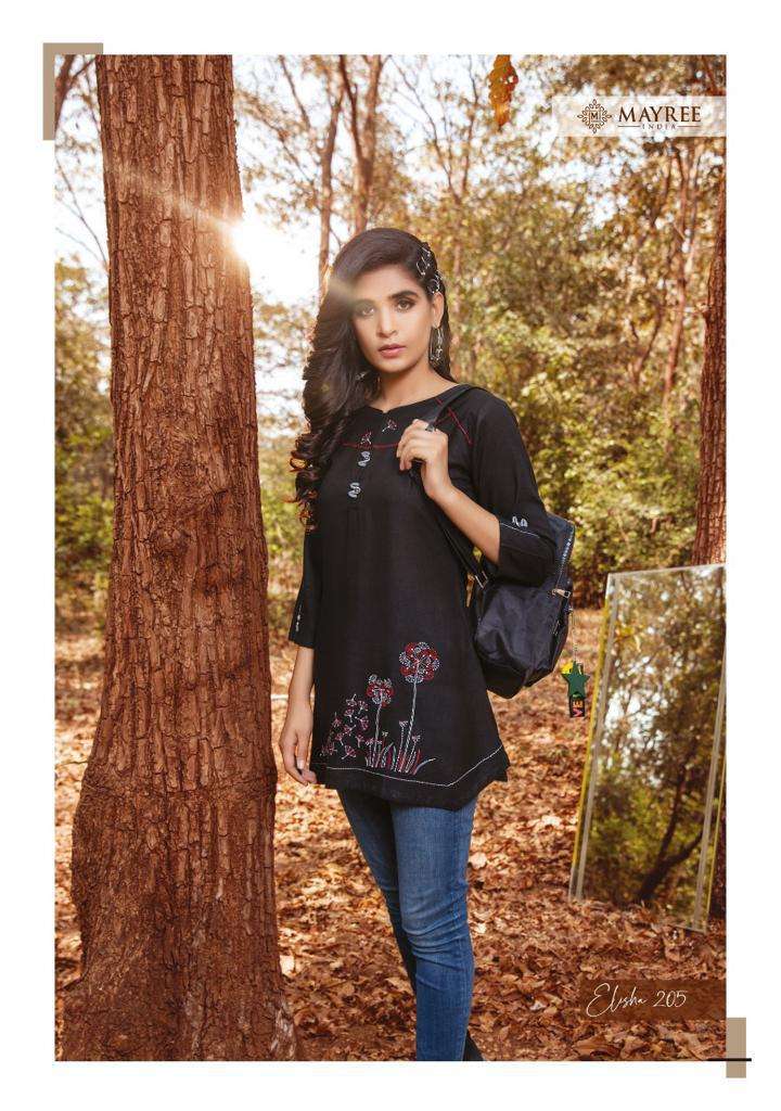 ELISHA VOL-2 BY MAYREE 201 TO 208 SERIES DESIGNER STYLISH FANCY COLORFUL BEAUTIFUL PARTY WEAR & ETHNIC WEAR COLLECTION RAYON EMBROIDERY TOPS AT WHOLESALE PRICE