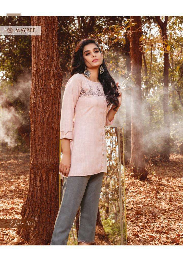ELISHA VOL-2 BY MAYREE 201 TO 208 SERIES DESIGNER STYLISH FANCY COLORFUL BEAUTIFUL PARTY WEAR & ETHNIC WEAR COLLECTION RAYON EMBROIDERY TOPS AT WHOLESALE PRICE
