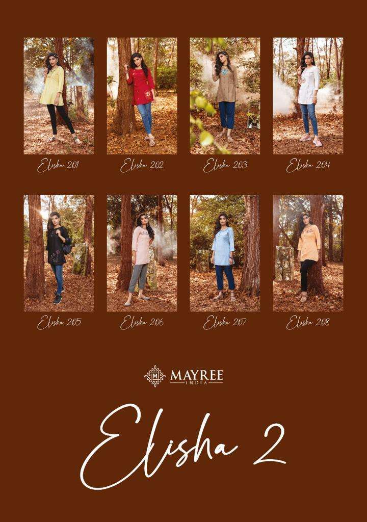 ELISHA VOL-2 BY MAYREE 201 TO 208 SERIES DESIGNER STYLISH FANCY COLORFUL BEAUTIFUL PARTY WEAR & ETHNIC WEAR COLLECTION RAYON EMBROIDERY TOPS AT WHOLESALE PRICE