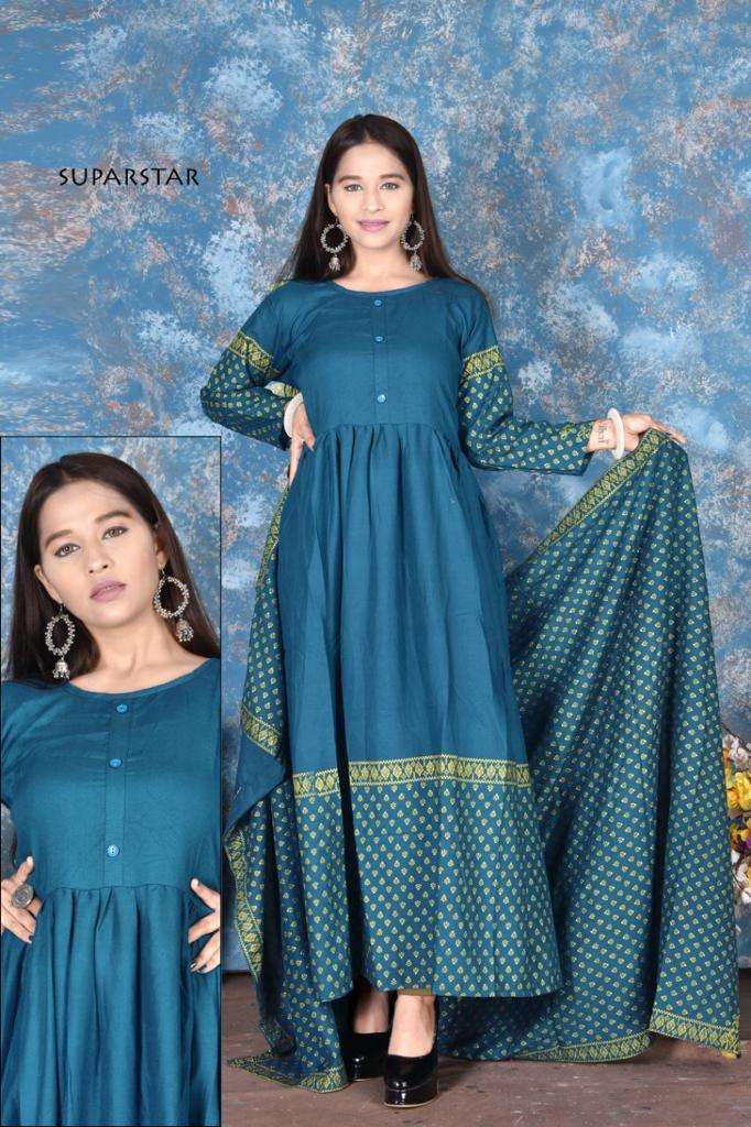 SUPER STAR BY S S KURTIS 01 TO 06 SERIES BEAUTIFUL STYLISH FANCY COLORFUL CASUAL WEAR & ETHNIC WEAR RAYON FOIL PRINT GOWNS WITH DUPATTA AT WHOLESALE PRICE
