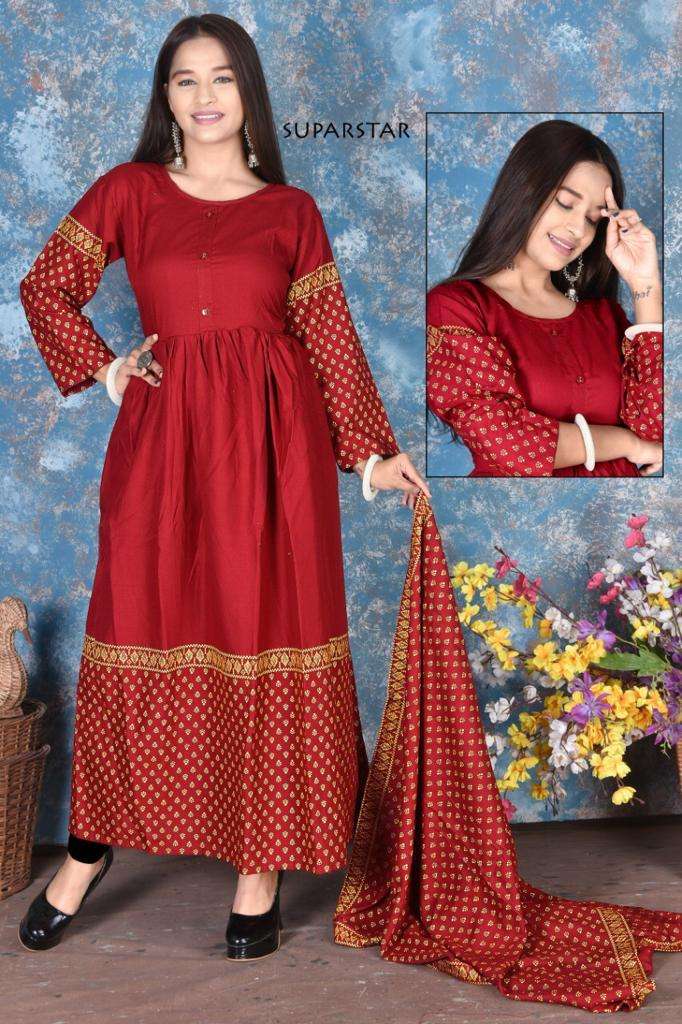 SUPER STAR BY S S KURTIS 01 TO 06 SERIES BEAUTIFUL STYLISH FANCY COLORFUL CASUAL WEAR & ETHNIC WEAR RAYON FOIL PRINT GOWNS WITH DUPATTA AT WHOLESALE PRICE