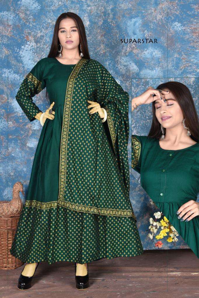SUPER STAR BY S S KURTIS 01 TO 06 SERIES BEAUTIFUL STYLISH FANCY COLORFUL CASUAL WEAR & ETHNIC WEAR RAYON FOIL PRINT GOWNS WITH DUPATTA AT WHOLESALE PRICE