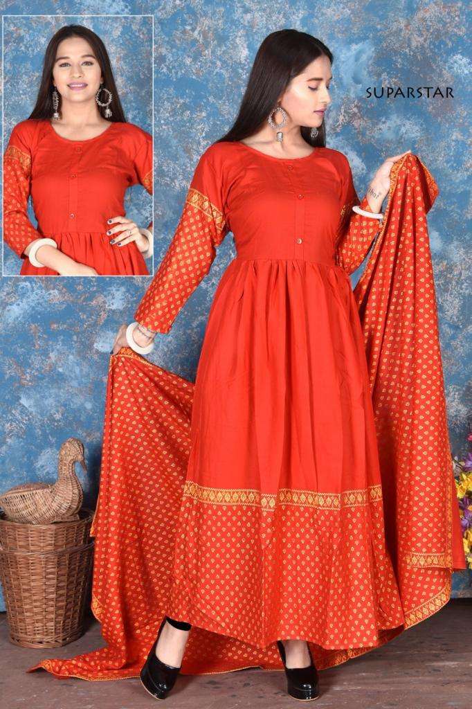 SUPER STAR BY S S KURTIS 01 TO 06 SERIES BEAUTIFUL STYLISH FANCY COLORFUL CASUAL WEAR & ETHNIC WEAR RAYON FOIL PRINT GOWNS WITH DUPATTA AT WHOLESALE PRICE