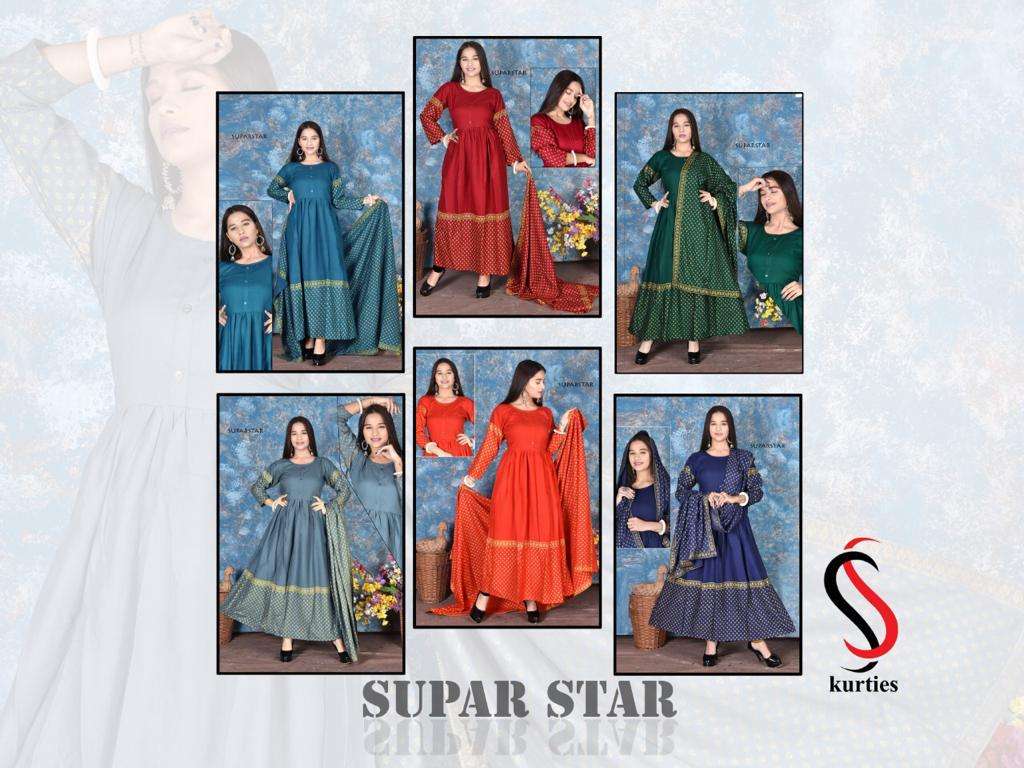 SUPER STAR BY S S KURTIS 01 TO 06 SERIES BEAUTIFUL STYLISH FANCY COLORFUL CASUAL WEAR & ETHNIC WEAR RAYON FOIL PRINT GOWNS WITH DUPATTA AT WHOLESALE PRICE