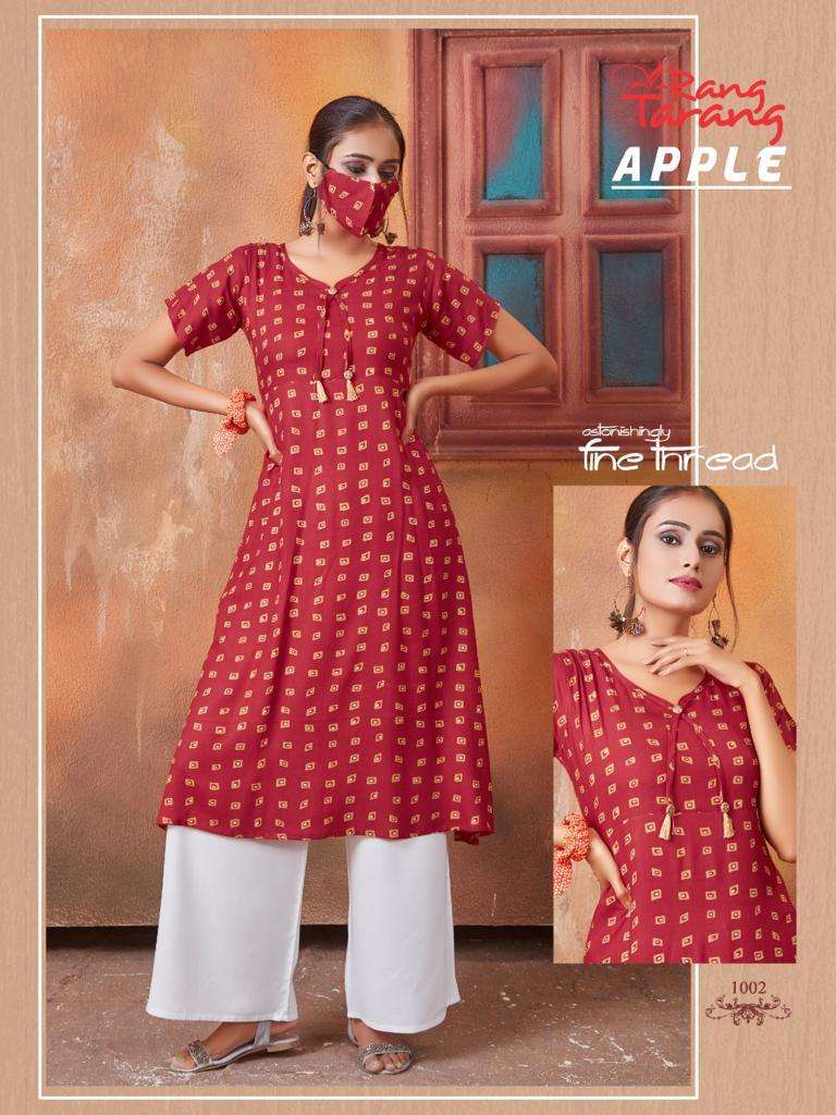 APPLE BY RANG TRANG 1001 TO 1006 SERIES DESIGNER STYLISH FANCY COLORFUL BEAUTIFUL PARTY WEAR & ETHNIC WEAR COLLECTION RAYON PRINT KURTIS AT WHOLESALE PRICE