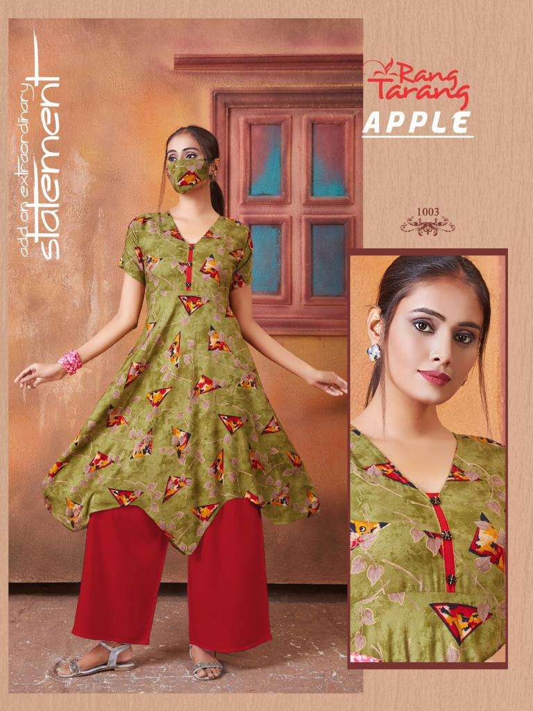 APPLE BY RANG TRANG 1001 TO 1006 SERIES DESIGNER STYLISH FANCY COLORFUL BEAUTIFUL PARTY WEAR & ETHNIC WEAR COLLECTION RAYON PRINT KURTIS AT WHOLESALE PRICE