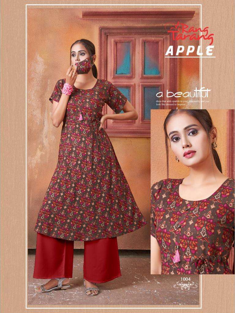 APPLE BY RANG TRANG 1001 TO 1006 SERIES DESIGNER STYLISH FANCY COLORFUL BEAUTIFUL PARTY WEAR & ETHNIC WEAR COLLECTION RAYON PRINT KURTIS AT WHOLESALE PRICE