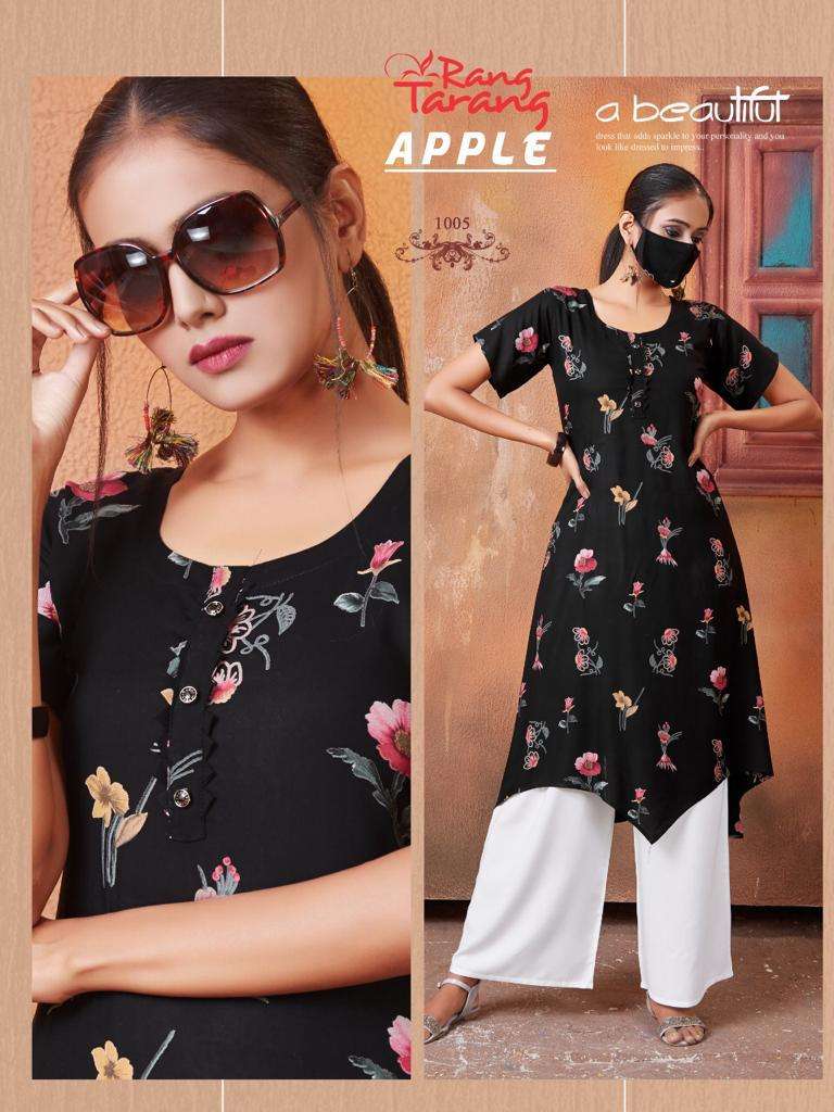 APPLE BY RANG TRANG 1001 TO 1006 SERIES DESIGNER STYLISH FANCY COLORFUL BEAUTIFUL PARTY WEAR & ETHNIC WEAR COLLECTION RAYON PRINT KURTIS AT WHOLESALE PRICE