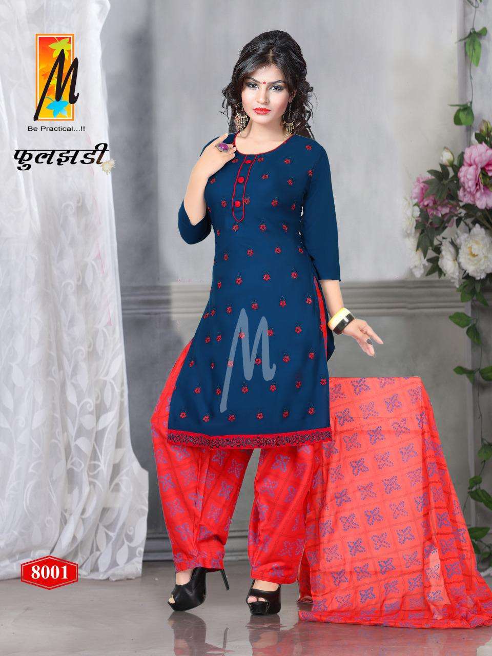 FULJHADI BY M BE PRACTICAL 8001 TO 8008 SERIES BEAUTIFUL STYLISH PATIYALA SUITS FANCY COLORFUL CASUAL WEAR & ETHNIC WEAR & READY TO WEAR RAYON PRINT DRESSES AT WHOLESALE PRICE