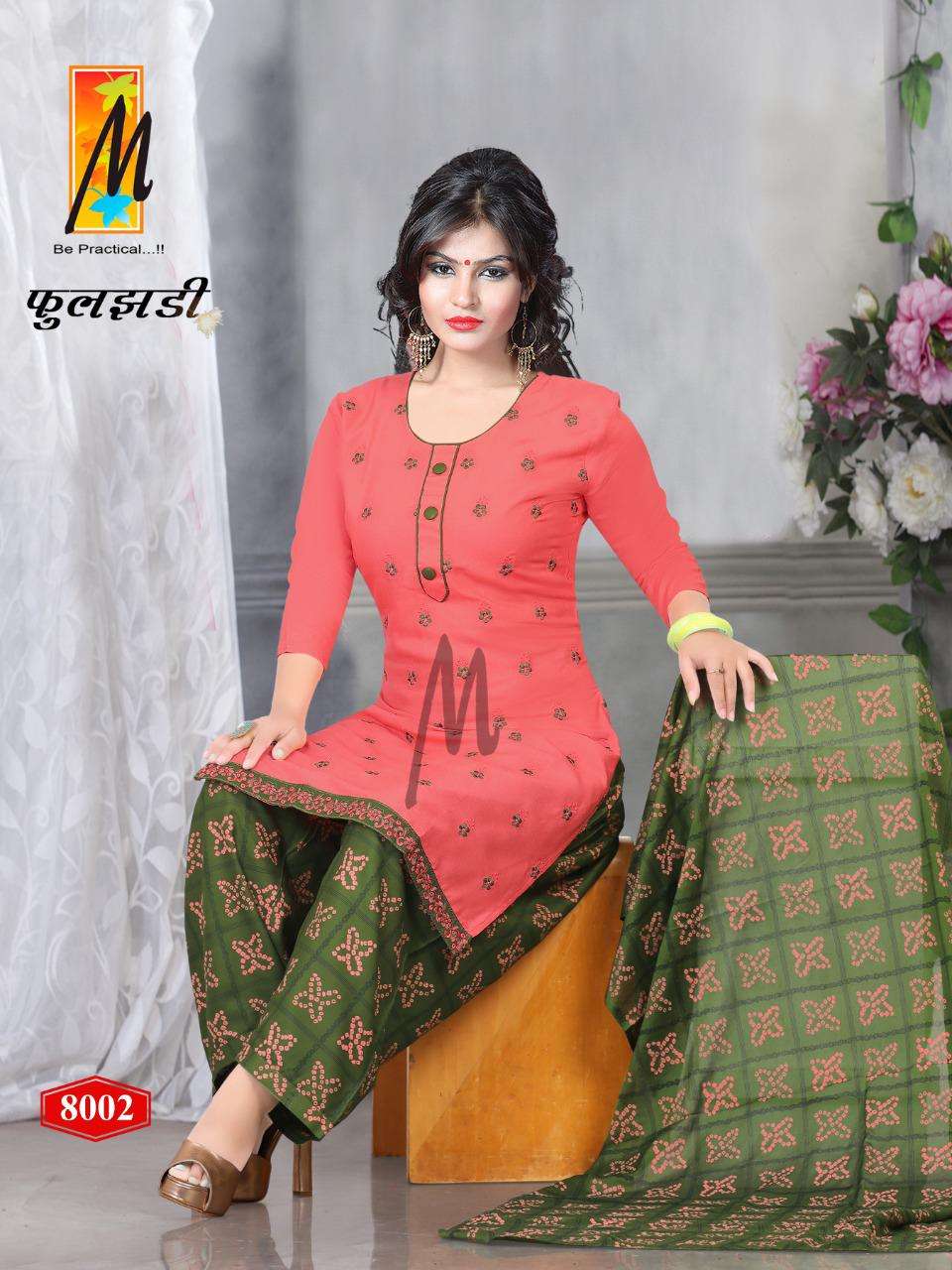 FULJHADI BY M BE PRACTICAL 8001 TO 8008 SERIES BEAUTIFUL STYLISH PATIYALA SUITS FANCY COLORFUL CASUAL WEAR & ETHNIC WEAR & READY TO WEAR RAYON PRINT DRESSES AT WHOLESALE PRICE