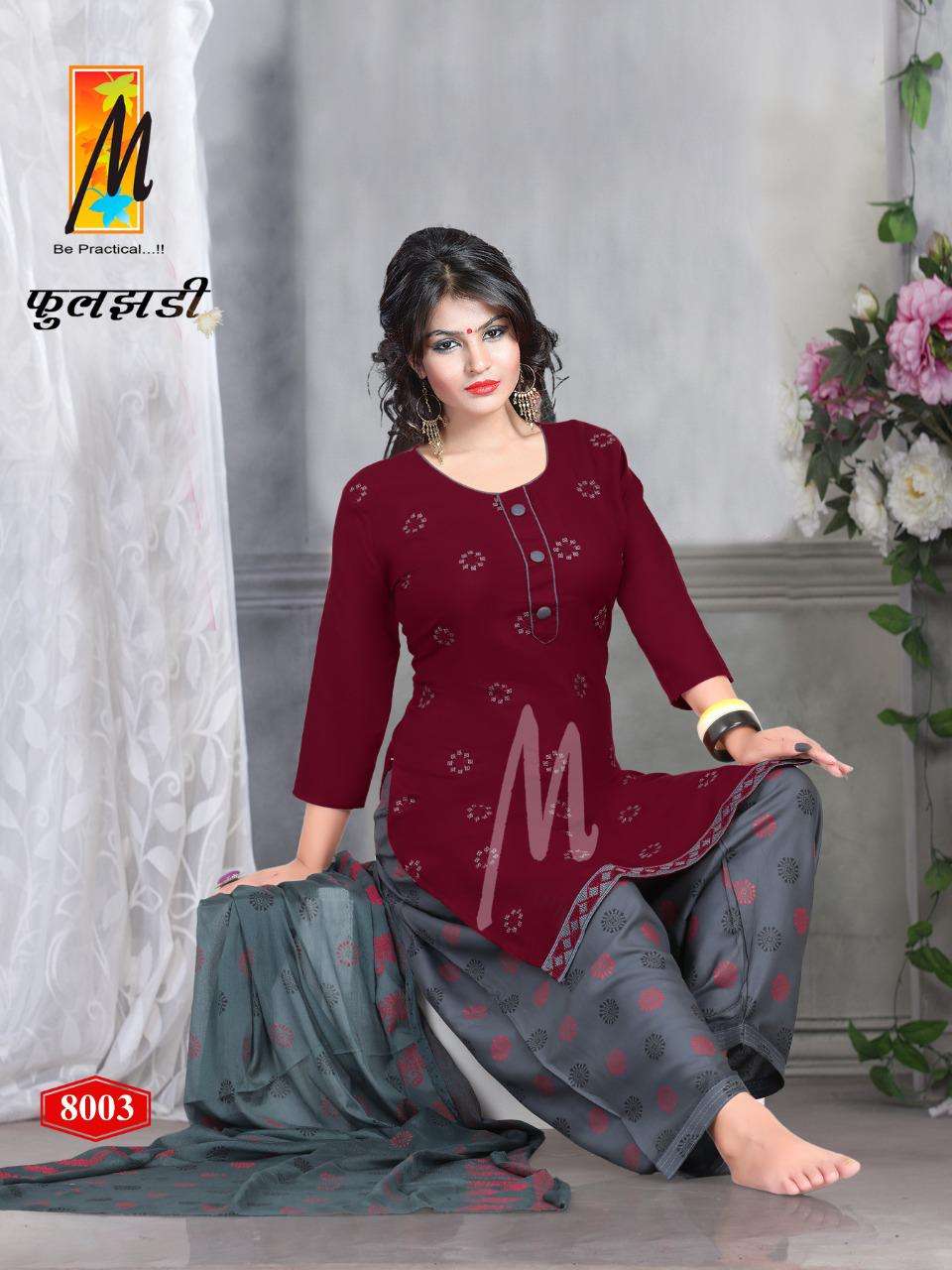 FULJHADI BY M BE PRACTICAL 8001 TO 8008 SERIES BEAUTIFUL STYLISH PATIYALA SUITS FANCY COLORFUL CASUAL WEAR & ETHNIC WEAR & READY TO WEAR RAYON PRINT DRESSES AT WHOLESALE PRICE