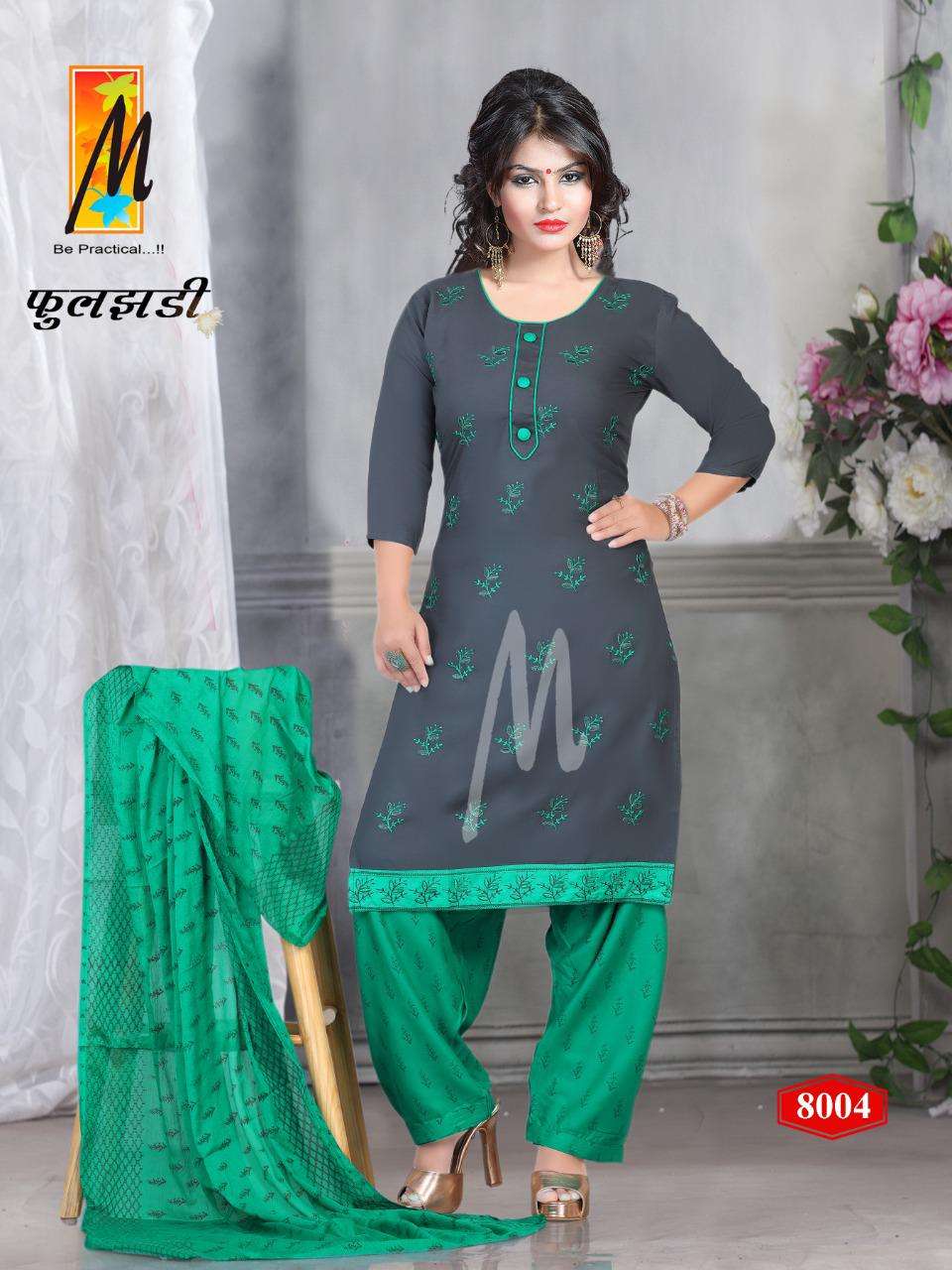 FULJHADI BY M BE PRACTICAL 8001 TO 8008 SERIES BEAUTIFUL STYLISH PATIYALA SUITS FANCY COLORFUL CASUAL WEAR & ETHNIC WEAR & READY TO WEAR RAYON PRINT DRESSES AT WHOLESALE PRICE