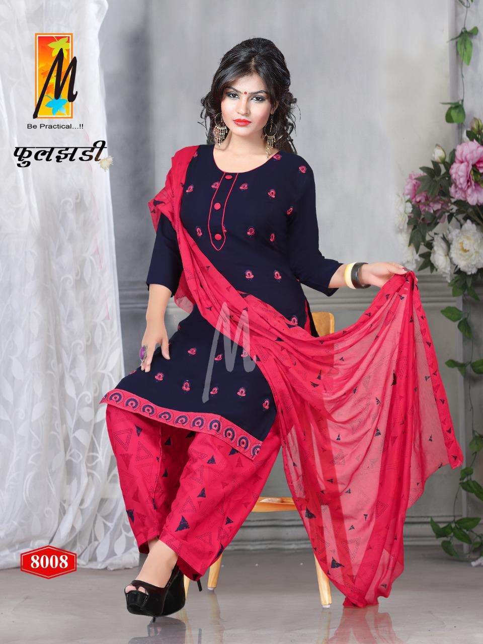 FULJHADI BY M BE PRACTICAL 8001 TO 8008 SERIES BEAUTIFUL STYLISH PATIYALA SUITS FANCY COLORFUL CASUAL WEAR & ETHNIC WEAR & READY TO WEAR RAYON PRINT DRESSES AT WHOLESALE PRICE
