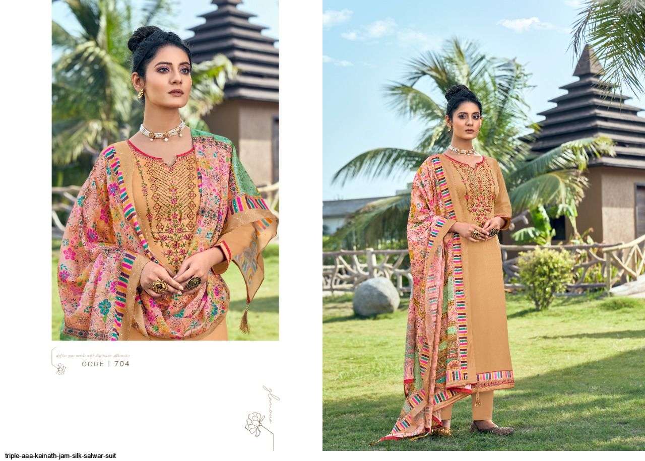 KAINAT BY TRIPLE AAA 701 TO 706 SERIES BEAUTIFUL SUITS COLORFUL STYLISH FANCY CASUAL WEAR & ETHNIC WEAR JAM SILK EMBROIDERED DRESSES AT WHOLESALE PRICE