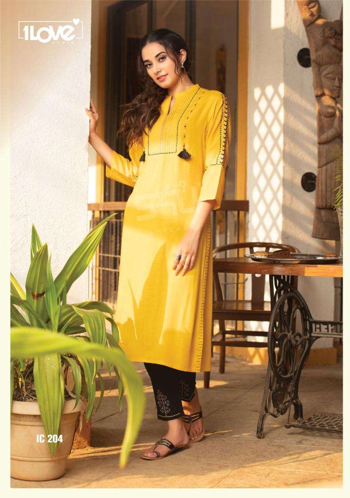 INDI CHIC VOL-2 BY 1 LOVE 201 TO 207 SERIES DESIGNER STYLISH FANCY COLORFUL BEAUTIFUL PARTY WEAR & ETHNIC WEAR COLLECTION RAYON SLUB KURTIS WITH BOTTOM AT WHOLESALE PRICE