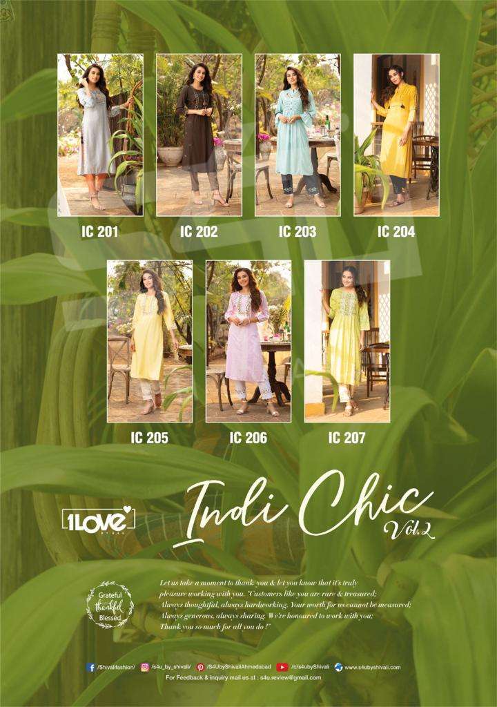 INDI CHIC VOL-2 BY 1 LOVE 201 TO 207 SERIES DESIGNER STYLISH FANCY COLORFUL BEAUTIFUL PARTY WEAR & ETHNIC WEAR COLLECTION RAYON SLUB KURTIS WITH BOTTOM AT WHOLESALE PRICE