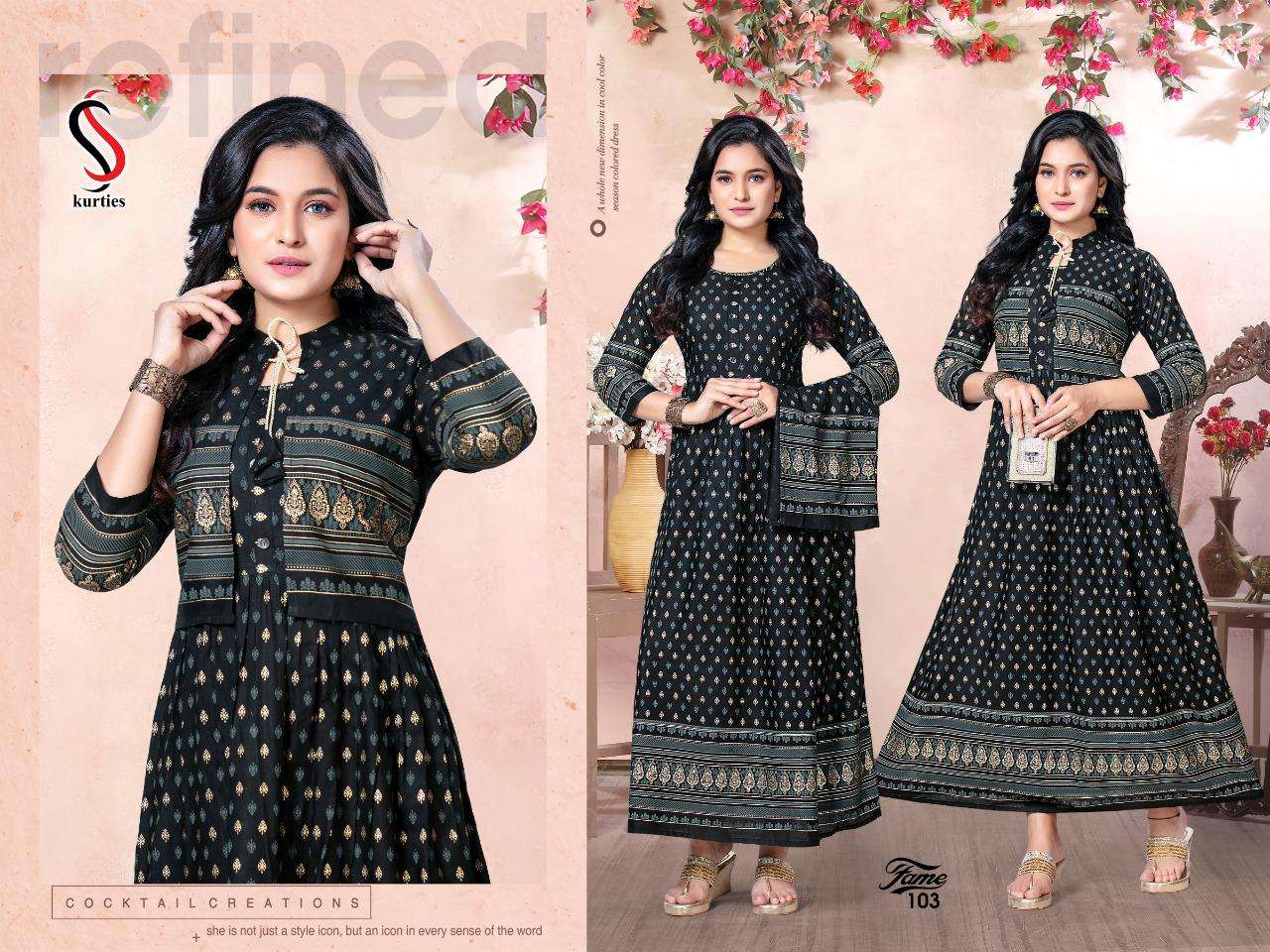 FAME BY S S KURTIS 101 TO 106 SERIES BEAUTIFUL STYLISH FANCY COLORFUL CASUAL WEAR & ETHNIC WEAR RAYON GOWNS AT WHOLESALE PRICE