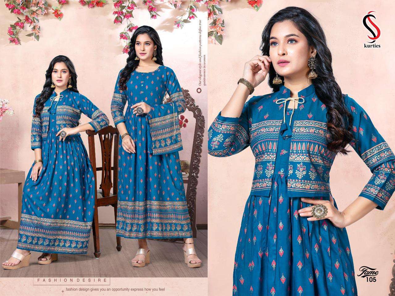 FAME BY S S KURTIS 101 TO 106 SERIES BEAUTIFUL STYLISH FANCY COLORFUL CASUAL WEAR & ETHNIC WEAR RAYON GOWNS AT WHOLESALE PRICE