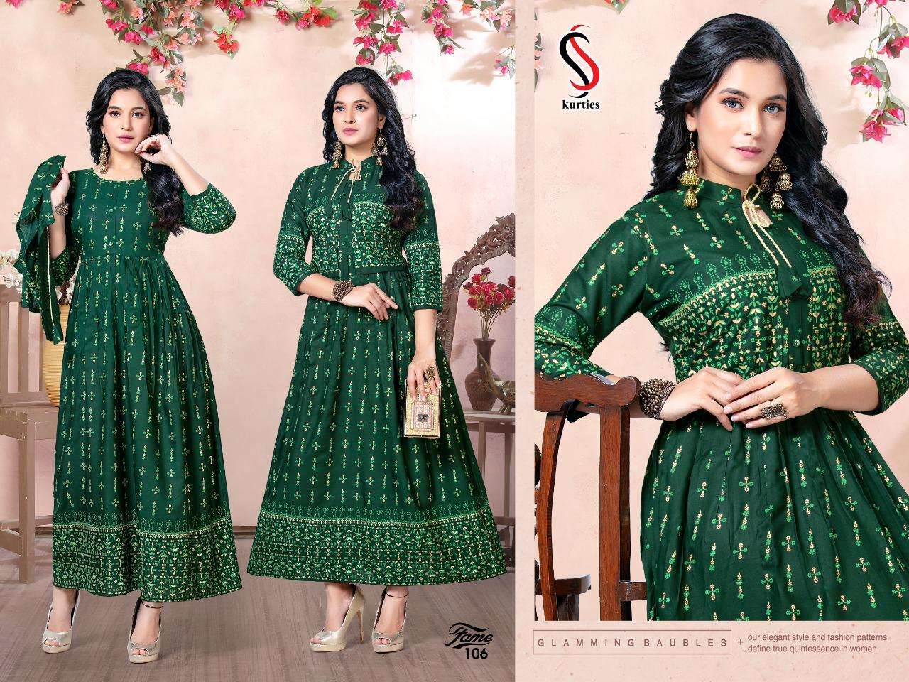 FAME BY S S KURTIS 101 TO 106 SERIES BEAUTIFUL STYLISH FANCY COLORFUL CASUAL WEAR & ETHNIC WEAR RAYON GOWNS AT WHOLESALE PRICE