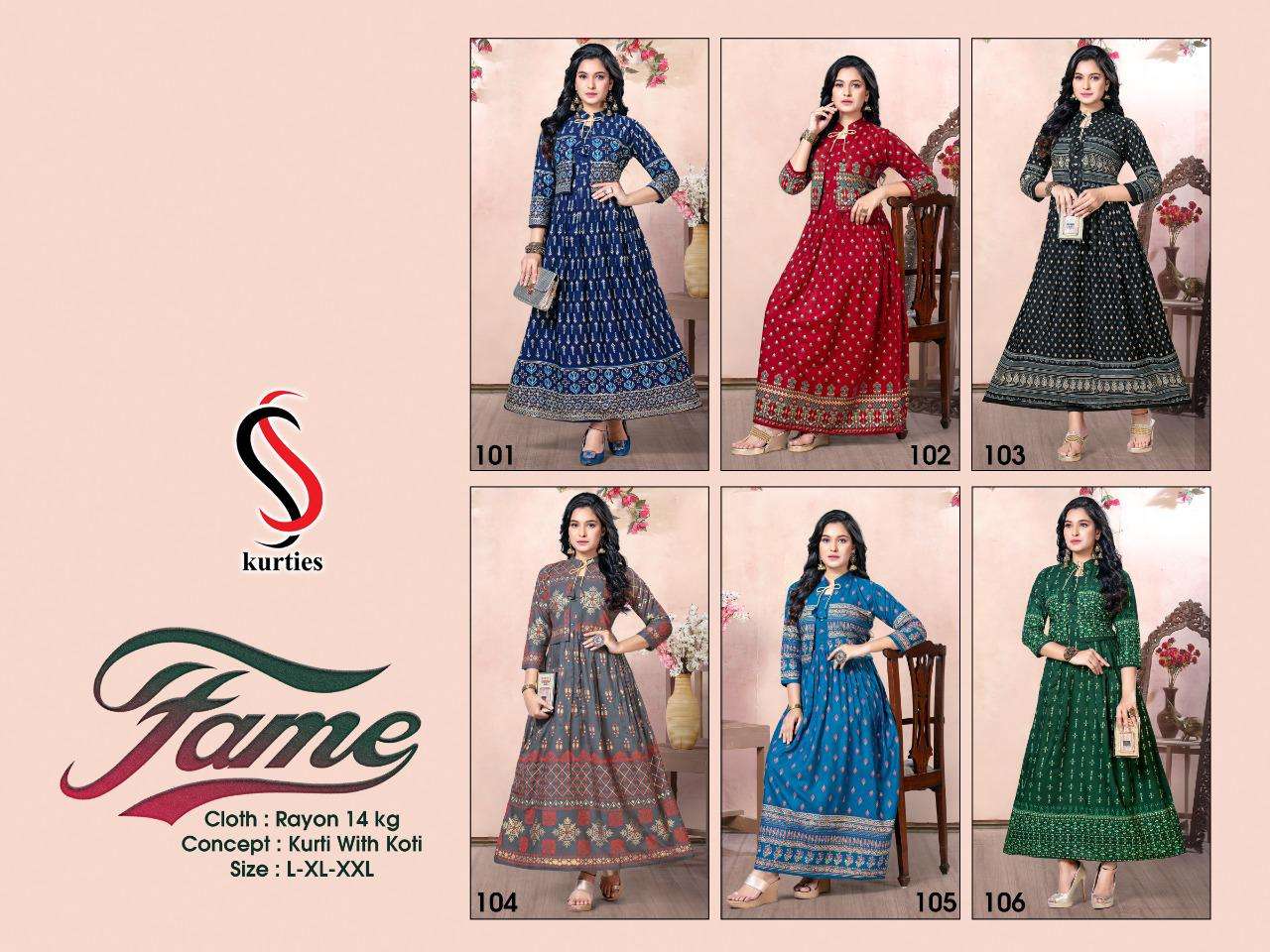 FAME BY S S KURTIS 101 TO 106 SERIES BEAUTIFUL STYLISH FANCY COLORFUL CASUAL WEAR & ETHNIC WEAR RAYON GOWNS AT WHOLESALE PRICE