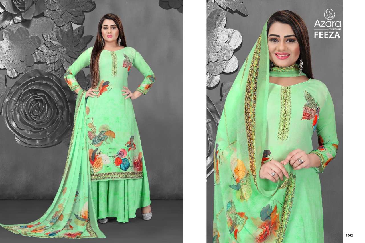 FEEZA BY AZARA 1001 TO 1004 SERIES BEAUTIFUL SUITS COLORFUL STYLISH FANCY CASUAL WEAR & ETHNIC WEAR PURE CREPE DIGITAL PRINT DRESSES AT WHOLESALE PRICE