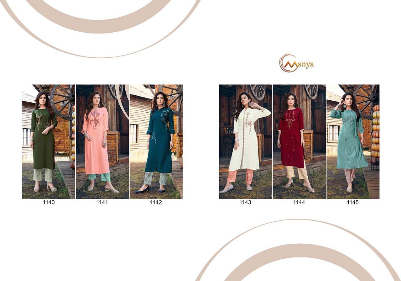 GLORY BY MANYA 1140 TO 1145 SERIES DESIGNER STYLISH FANCY COLORFUL BEAUTIFUL PARTY WEAR & ETHNIC WEAR COLLECTION COTTON EMBROIDERY KURTIS WITH BOTTOM AT WHOLESALE PRICE