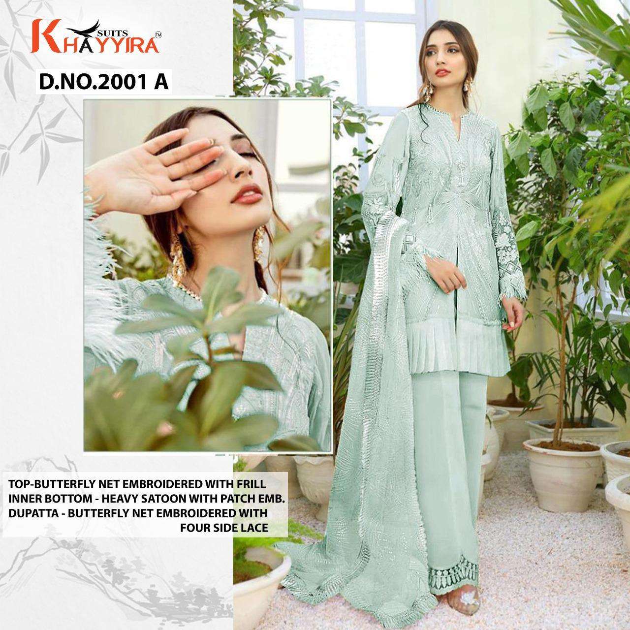 MAHGUL 2001 COLOURS BY KHAYYIRA 2001-A TO 2001-E SERIES DESIGNER ANARKALI SUITS COLLECTION BEAUTIFUL STYLISH COLORFUL FANCY PARTY WEAR & OCCASIONAL WEAR BUTTERFLY NET WITH EMBROIDERY DRESSES AT WHOLESALE PRICE
