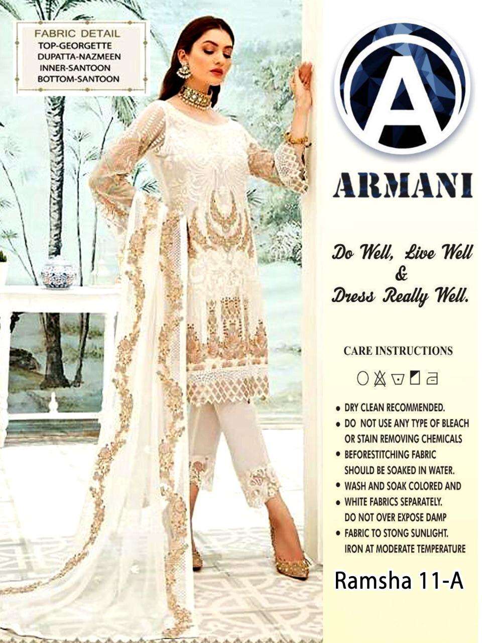 RAMSHA 11 BY ARMANI 11-A TO 11-D SERIES PAKISTANI SUITS BEAUTIFUL FANCY COLORFUL STYLISH PARTY WEAR & OCCASIONAL WEAR FAUX GEORGETTE WITH EMBROIDERY DRESSES AT WHOLESALE PRICE