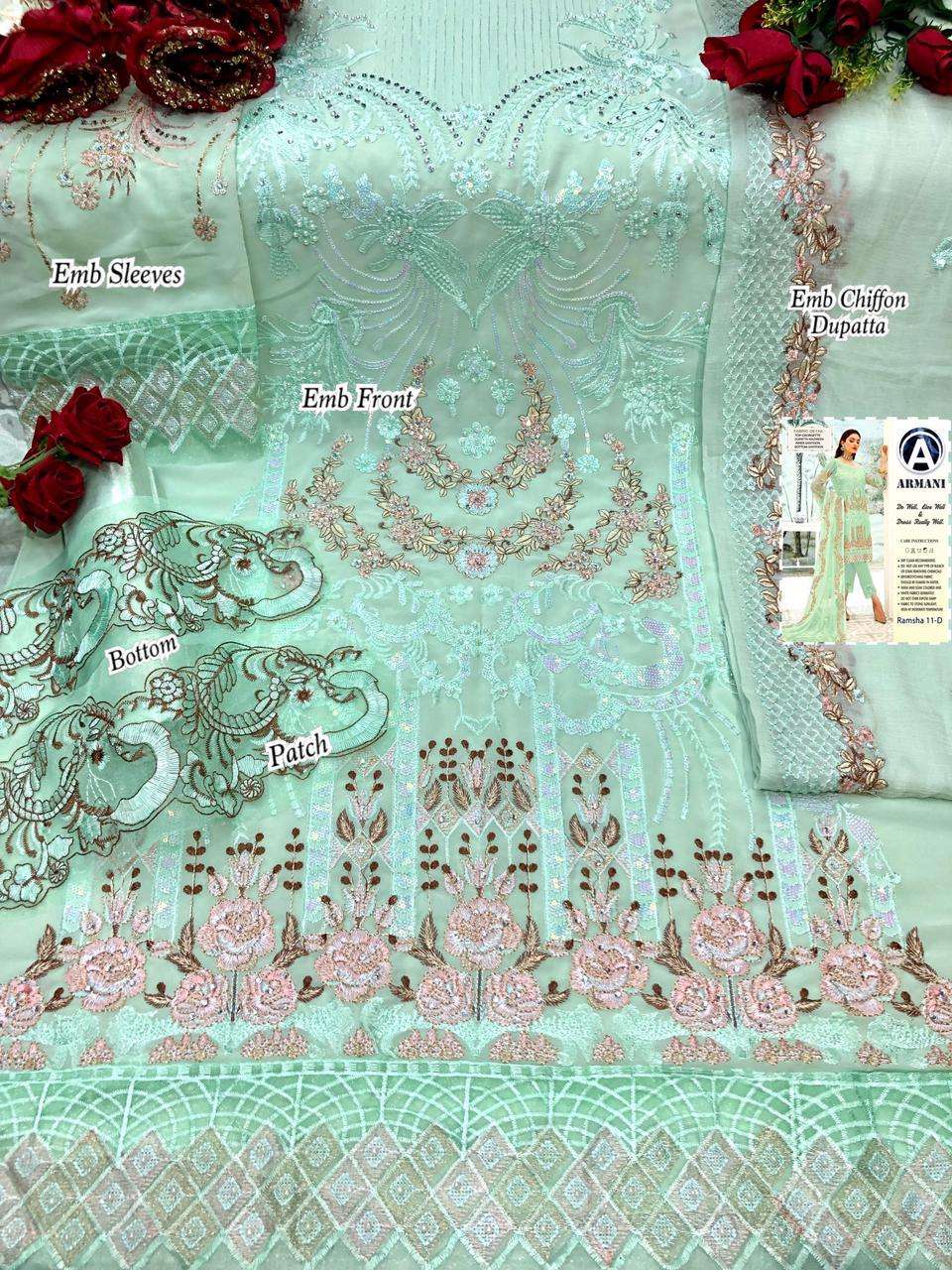 RAMSHA 11 BY ARMANI 11-A TO 11-D SERIES PAKISTANI SUITS BEAUTIFUL FANCY COLORFUL STYLISH PARTY WEAR & OCCASIONAL WEAR FAUX GEORGETTE WITH EMBROIDERY DRESSES AT WHOLESALE PRICE