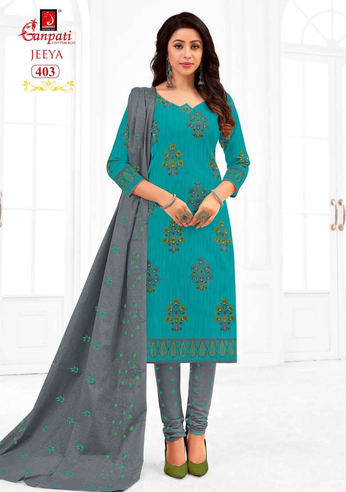 JEEYA VOL-4 BY GANPATI COTTON SUITS 401 TO 418 SERIES BEAUTIFUL SUITS COLORFUL STYLISH FANCY CASUAL WEAR & ETHNIC WEAR COTTON DRESSES AT WHOLESALE PRICE