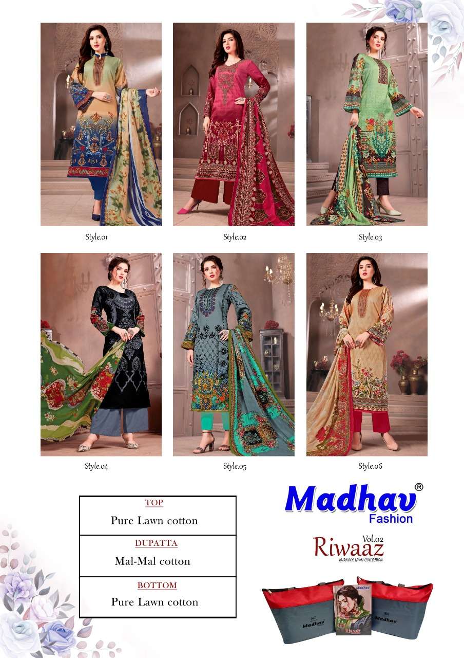 RIWAAZ VOL-2 BY MADHAV FASHION 001 TO 006 SERIES BEAUTIFUL STYLISH SUITS FANCY COLORFUL CASUAL WEAR & ETHNIC WEAR & READY TO WEAR PURE LAWN COTTON DRESSES AT WHOLESALE PRICE