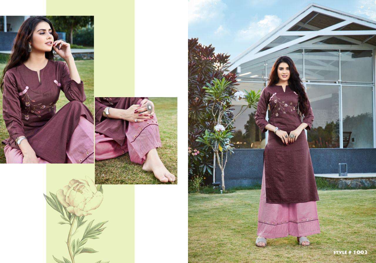 ZOYA BY SELESTA 1001 TO 1005 SERIES DESIGNER STYLISH FANCY COLORFUL BEAUTIFUL PARTY WEAR & ETHNIC WEAR COLLECTION CHINNON HANDWORK KURTIS WITH BOTTOM AT WHOLESALE PRICE