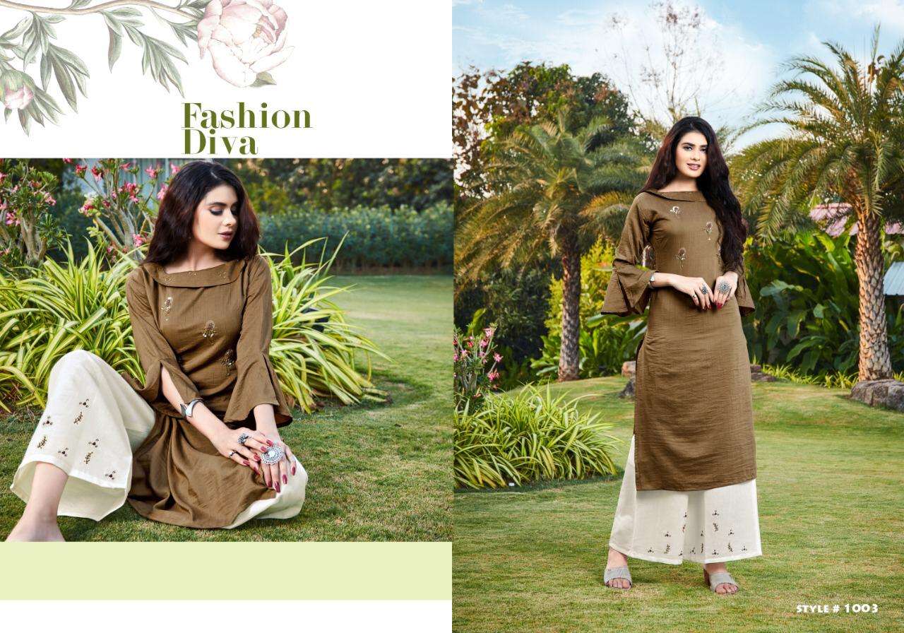 ZOYA BY SELESTA 1001 TO 1005 SERIES DESIGNER STYLISH FANCY COLORFUL BEAUTIFUL PARTY WEAR & ETHNIC WEAR COLLECTION CHINNON HANDWORK KURTIS WITH BOTTOM AT WHOLESALE PRICE