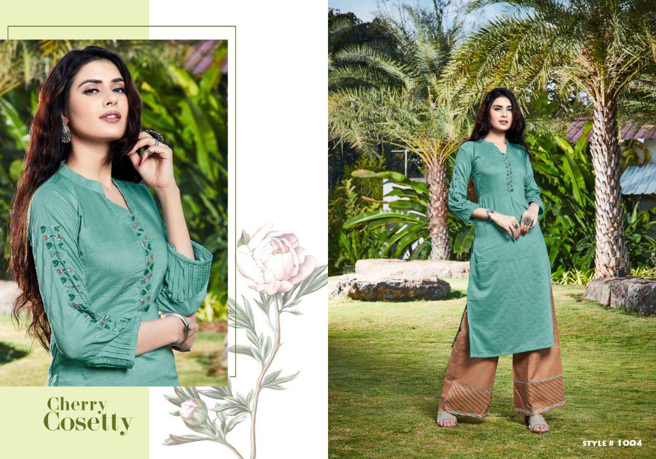 ZOYA BY SELESTA 1001 TO 1005 SERIES DESIGNER STYLISH FANCY COLORFUL BEAUTIFUL PARTY WEAR & ETHNIC WEAR COLLECTION CHINNON HANDWORK KURTIS WITH BOTTOM AT WHOLESALE PRICE