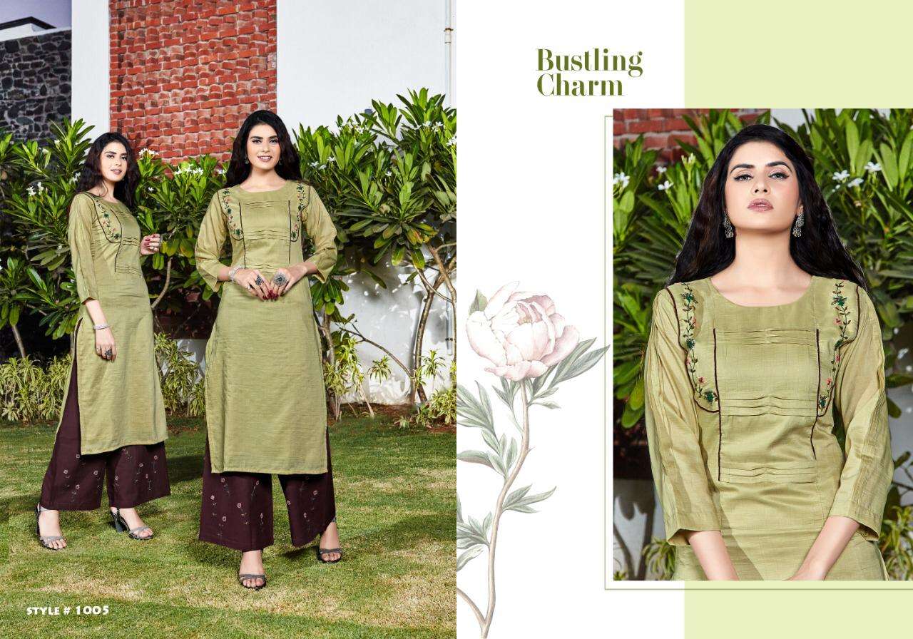 ZOYA BY SELESTA 1001 TO 1005 SERIES DESIGNER STYLISH FANCY COLORFUL BEAUTIFUL PARTY WEAR & ETHNIC WEAR COLLECTION CHINNON HANDWORK KURTIS WITH BOTTOM AT WHOLESALE PRICE