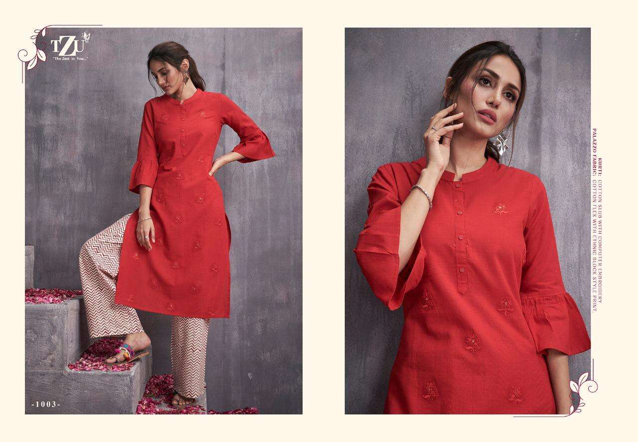 VICTORIA VOL-3 BY TZU 1001 TO 1004 SERIES DESIGNER STYLISH FANCY COLORFUL BEAUTIFUL PARTY WEAR & ETHNIC WEAR COLLECTION COTTON SLUB EMBROIDERY KURTIS WITH BOTTOM AT WHOLESALE PRICE