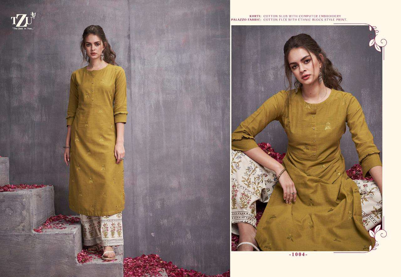 VICTORIA VOL-3 BY TZU 1001 TO 1004 SERIES DESIGNER STYLISH FANCY COLORFUL BEAUTIFUL PARTY WEAR & ETHNIC WEAR COLLECTION COTTON SLUB EMBROIDERY KURTIS WITH BOTTOM AT WHOLESALE PRICE