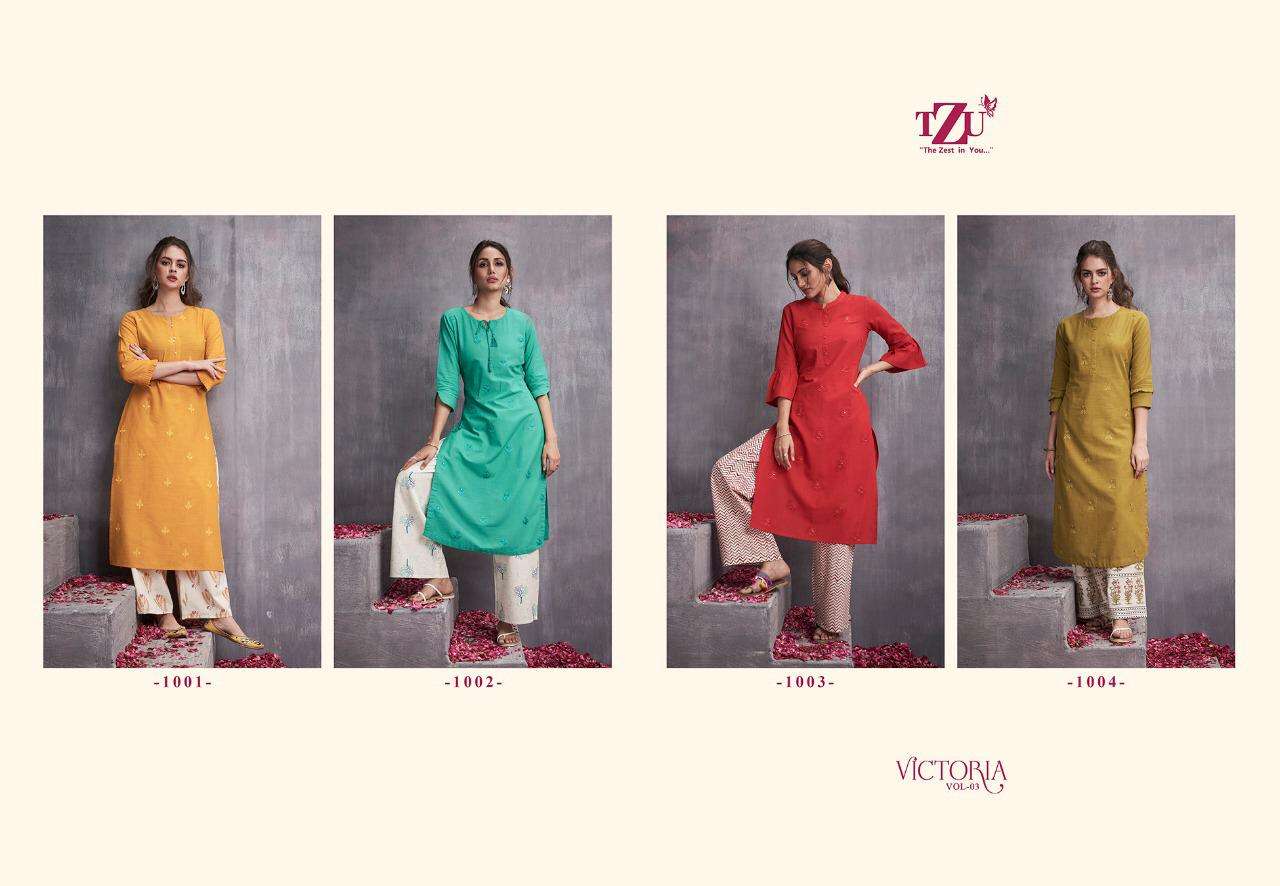 VICTORIA VOL-3 BY TZU 1001 TO 1004 SERIES DESIGNER STYLISH FANCY COLORFUL BEAUTIFUL PARTY WEAR & ETHNIC WEAR COLLECTION COTTON SLUB EMBROIDERY KURTIS WITH BOTTOM AT WHOLESALE PRICE