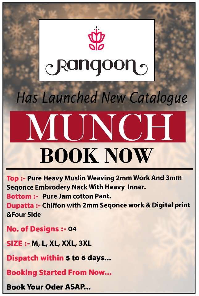 MUNCH BY RANGOON 2881 TO 2884 SERIES BEAUTIFUL SUITS COLORFUL STYLISH FANCY CASUAL WEAR & ETHNIC WEAR PURE MUSLIN EMBROIDERED DRESSES AT WHOLESALE PRICE
