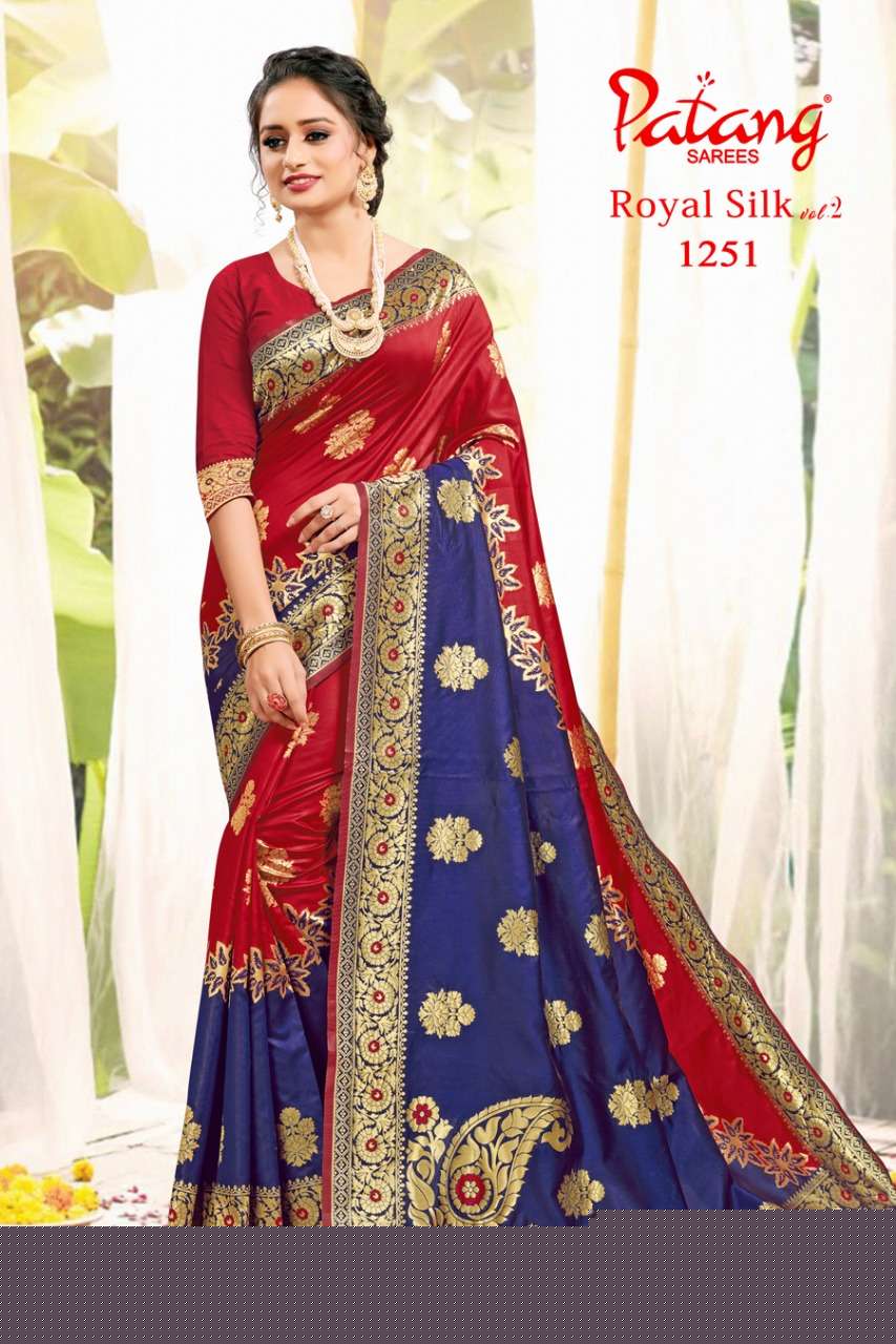 ROYAL SILK VOL-2 BY PATANG SAREES 1251 TO 1258 SERIES INDIAN TRADITIONAL WEAR COLLECTION BEAUTIFUL STYLISH FANCY COLORFUL PARTY WEAR & OCCASIONAL WEAR SILK SAREES AT WHOLESALE PRICE